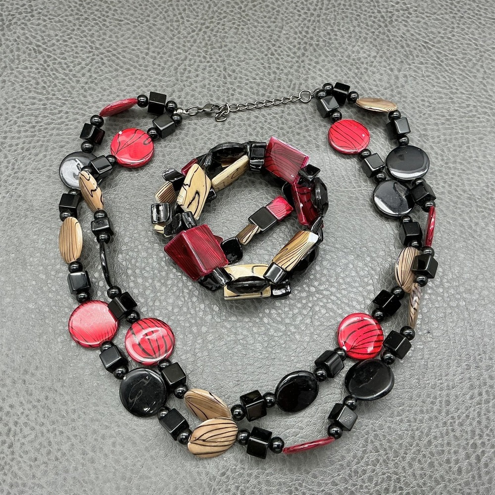Necklace Bracelet Set Boho‎ Multicolor Beaded Black Red Womens Fashion Jewelry